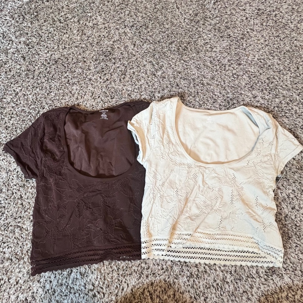 Superchill by Aerie Womens Lace Crop Top Set Brown Cream Floral Scoop Neck S NWT